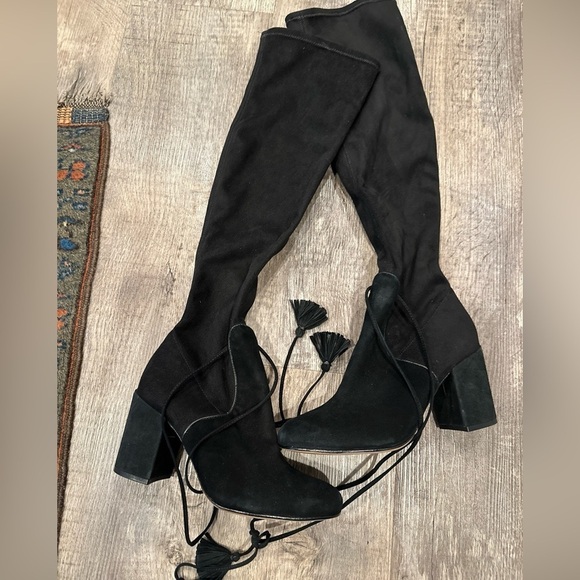 $600+ RACHEL ZOE Robin Tall Suede BLOCK Boot WRAPAROUND TASSEL BLACK Sz 6.5 - Picture 2 of 9